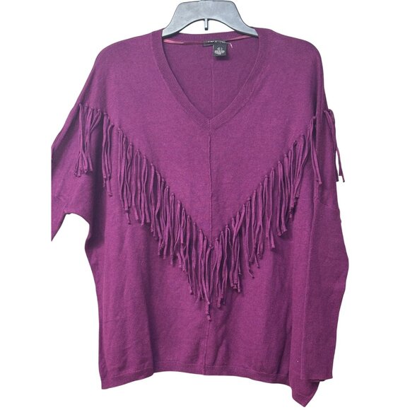 DKNY Fringe Embellished V-neckline Dolman Sweater, Purple, S - Picture 4 of 13